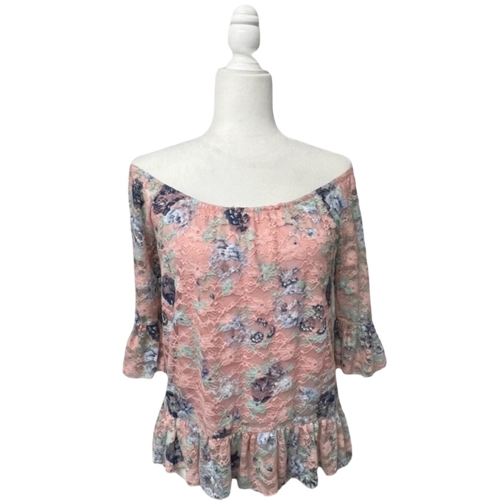 Almost Famous Off The Shoulder Lace Pink Floral Top - Size Small